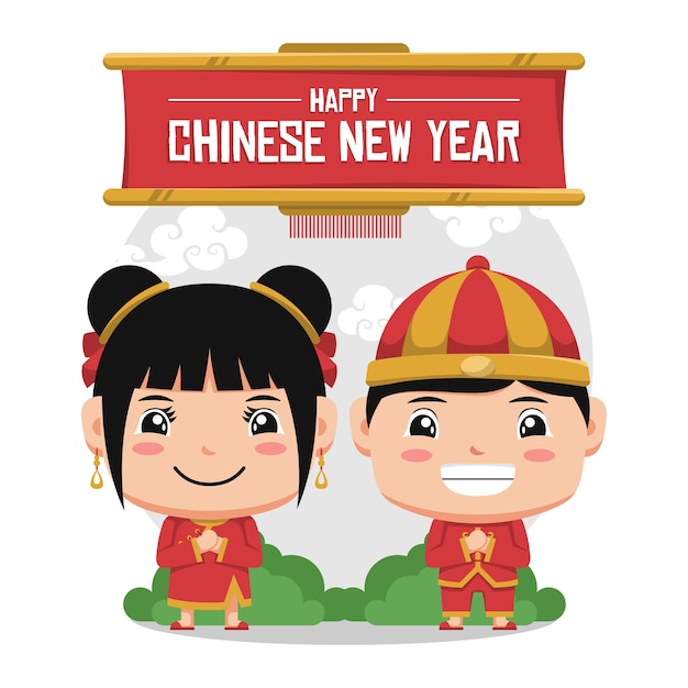 Casal personagem chibi chinês tradicional comemorando ano novo em cartão comemorativo