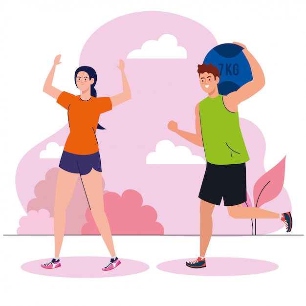 Casal praticando exercício ao ar livre, recreação exercício esporte