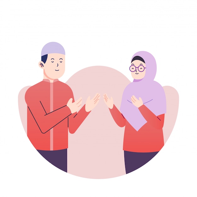 Vetor casal ramadan kareem saudação ilustração plana vetor premium
