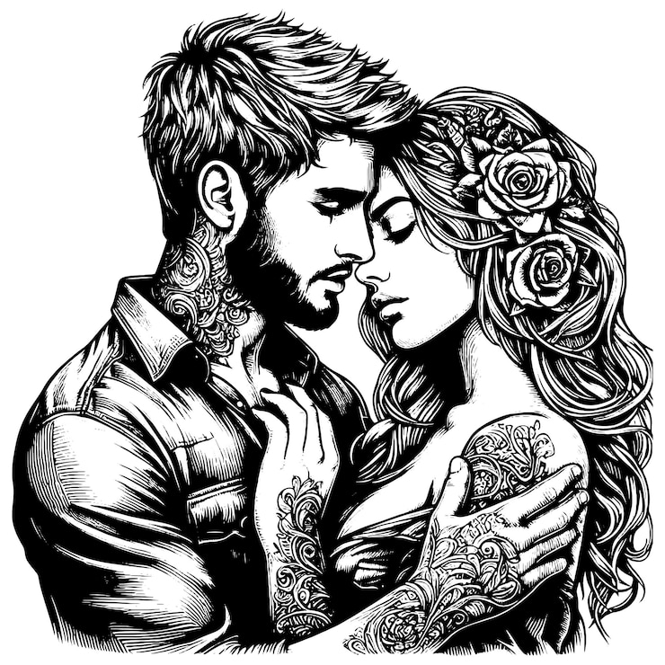 Vetor casal romântico abraçando em uma ilustração detalhada em preto e branco vetor generativo ai