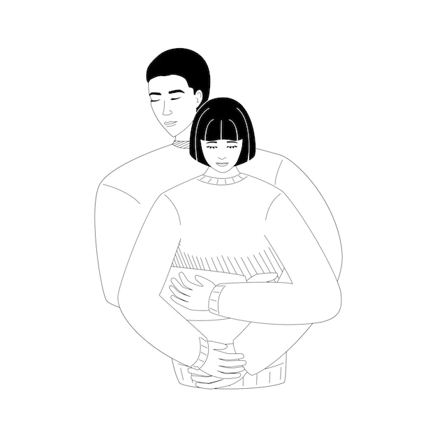 Vetor casal romântico, abraço, olhos fechados, ilustração plana em preto e branco, arte de linha, relacionamentos
