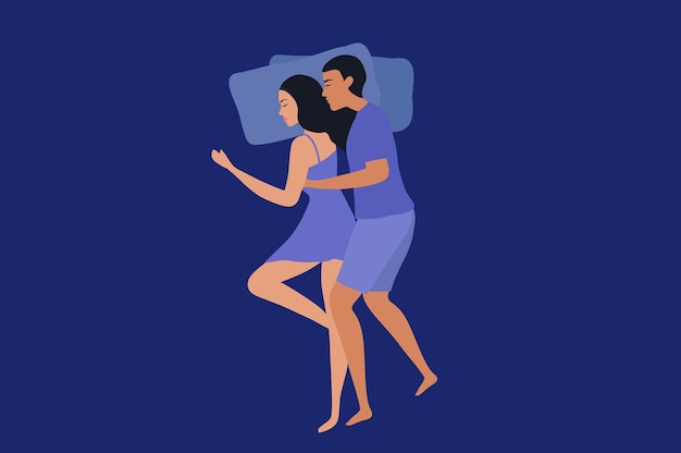 Casal romântico dormindo alegremente na cama ilustração vetorial Amor e conceito de relacionamento feliz