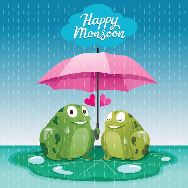 Casal sapos sob o guarda-chuva juntos na chuva, eles felizes com a monção