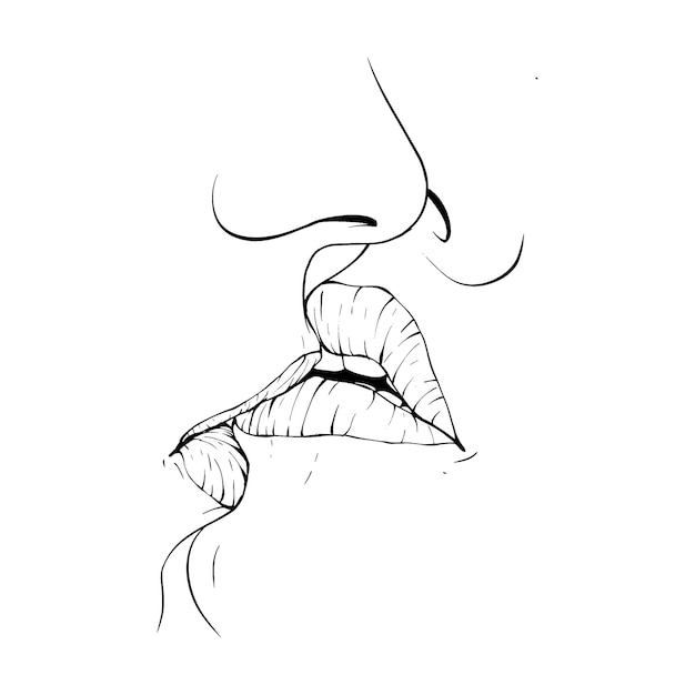 Casal se beijando lábios esboçando ilustração vetorial arte de linha
