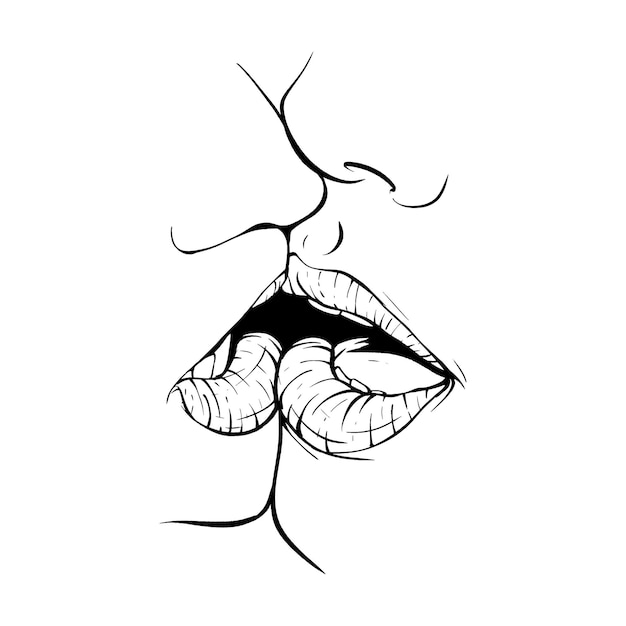 Casal se beijando lábios esboçando ilustração vetorial arte de linha