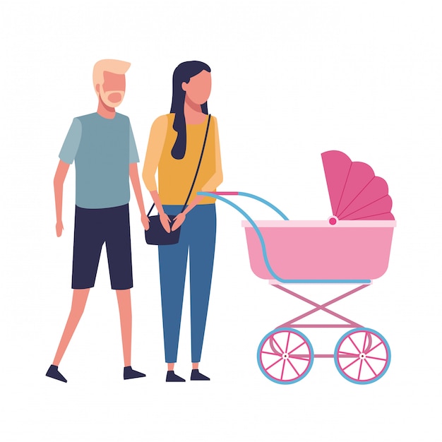 casal sem rosto e carrinho de bebê