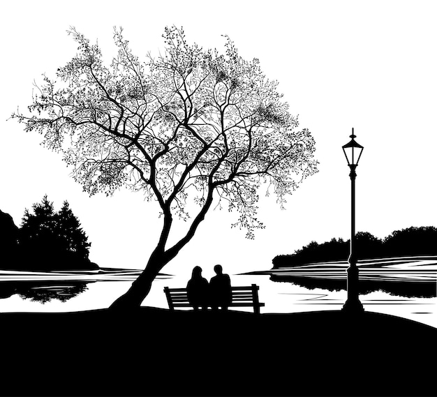 Vetor casal sentado no banco ao lado do rio ilustração vetorial com silhuetas de pessoas e natureza