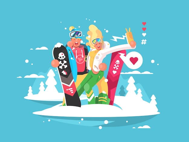 Casal snowboarders menino e menina fazendo selfie no smartphone. ilustração