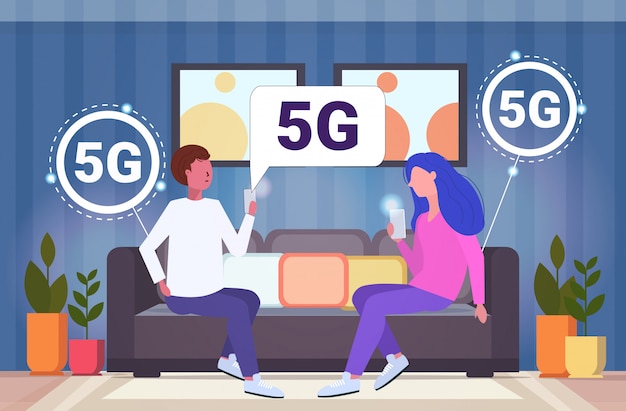 Casal usando smartphones 5g comunicação online sistemas sem fio conexão quinta geração inovadora da internet