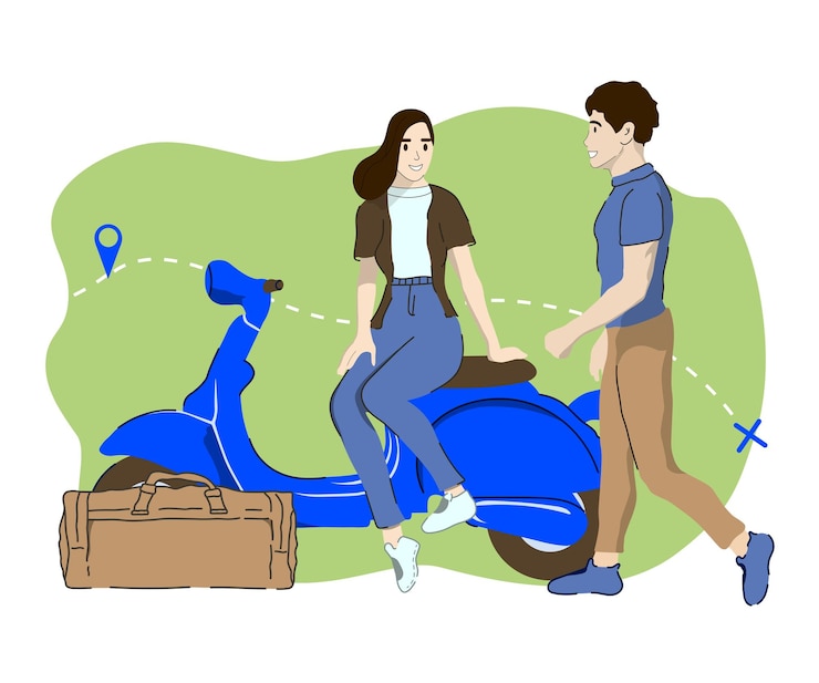 Vetor casal vai viajar na scooter, moto, bicicleta. aluguel de scooter. ilustração em vetor plana.