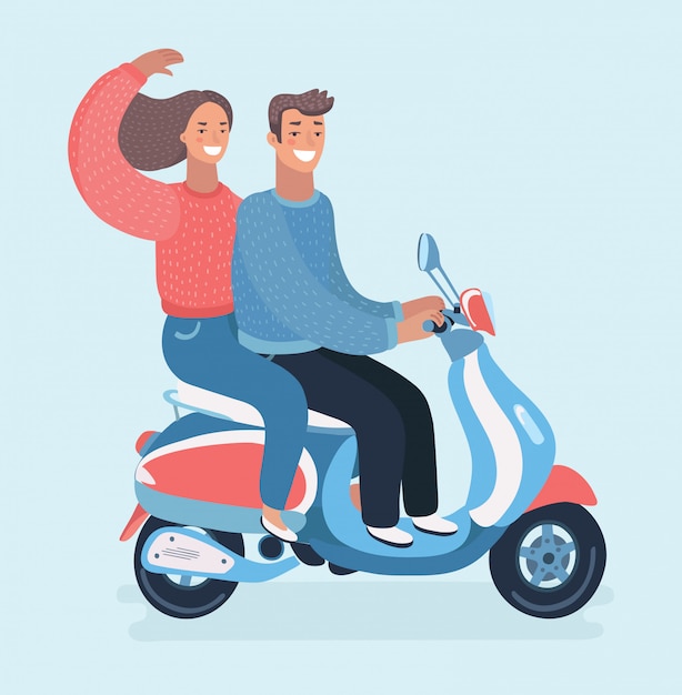 Casal viajando de scooter, família de personagens de desenhos animados