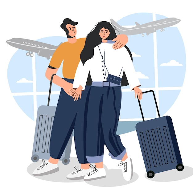 Casal viajando na ilustração vetorial plana do aeroporto, um homem e uma mulher de mãos dadas