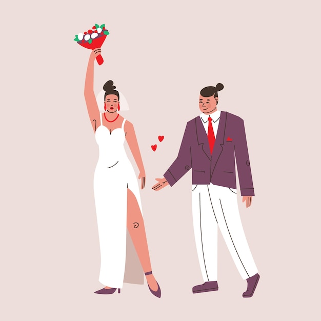 Casamento de rapazes e moças. noiva e noivo em ternos de casamento e segurando flores, aniversário de casamento. ilustrações isoladas de vetor gira.