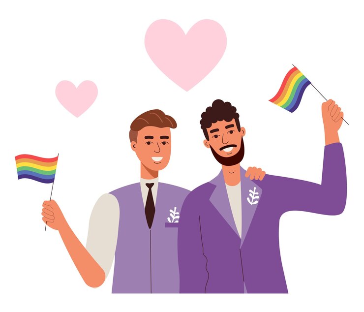 Vetor casamento gay. dois homens apaixonados e bandeiras lgbt do arco-íris. homens bonitos em um smoking