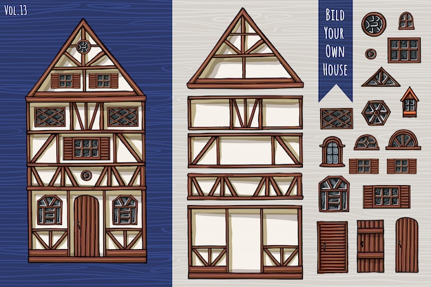 Casas alemãs, coleção de elementos, itemset, telhado, janelas, portas. Fahverk arquitetura estilo bonito. Desenhado à mão.