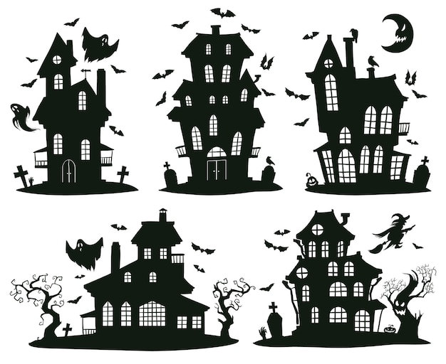 Casas assombradas de halloween. desenhos animados assustadores castelos de fantasma de halloween, casas de monstros conjunto de símbolos de vetor isolado. casas assombradas de halloween assustador. castelo com fantasma, ilustração de horror halloween house
