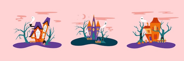 Casas assombradas pelo halloween definem ilustração vetorial com árvores assustadoras e fantasmas