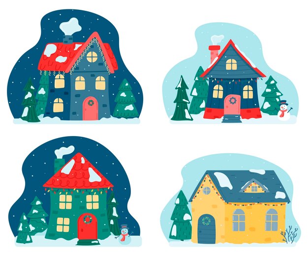 Casas bonitas de Natal e de Inverno Conjunto de casas decorativas