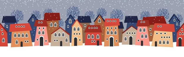Vetor casas bonitas de natal e de inverno na noite de neve