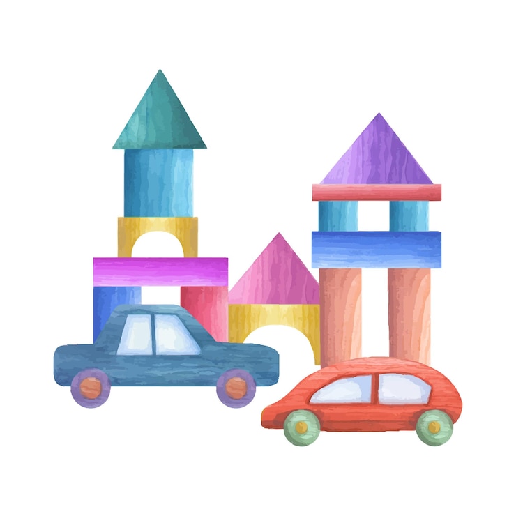 Vetor casas carros construídos a partir de blocos de madeira crianças pirâmide cubo cone bola tijolos brinquedos infantis jogos com crianças ilustração de aquarela para papel de parede de cartaz de impressão