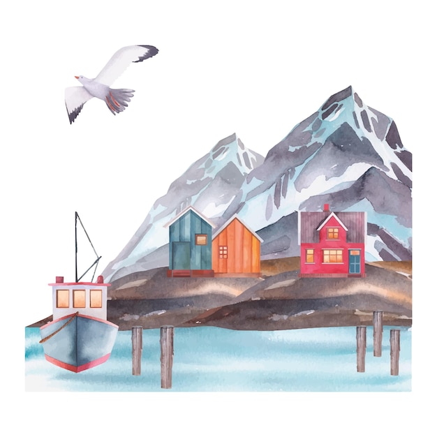 Casas costeiras norueguesas nas rochas com gaivotas uma ilustração de aquarela de navios e montanhas