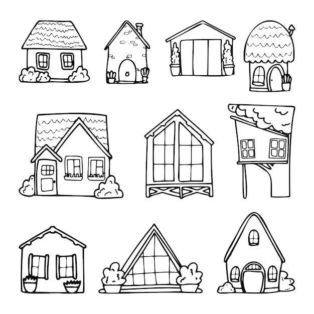Casas de estilo doodle de diferentes formas e tamanhos.