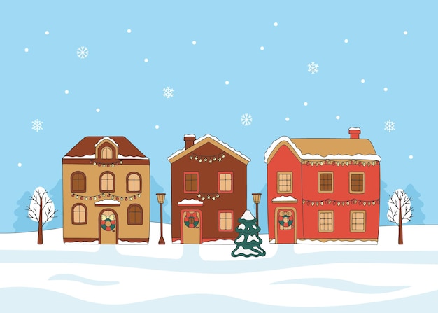 Casas de paisagem de inverno decoradas com guirlanda do lado de fora com abeto, doodle. Exterior do prédio com neve