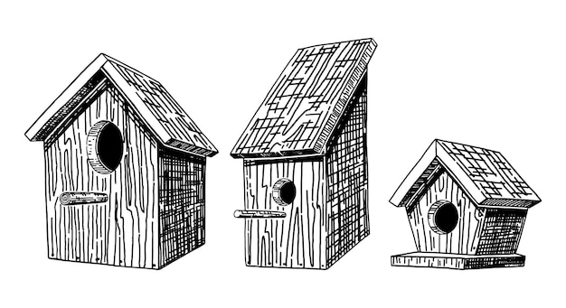 Casas de pássaros de madeira conjunto de clipart de contorno colecção de rabiscos da primavera ilustração vetorial em estilo de gravura isolada em branco