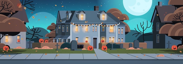 casas decoradas para celebração de feriado de halloween vista frontal de edifícios residenciais com ilustração vetorial horizontal de abóboras diferentes