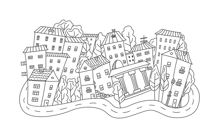 Vetor casas rua desenhada à mão velha cidade europeia desenho doodle arquitetura de contorno construção preto e branco monocromático gráficos vetoriais ilustração em fundo isolado