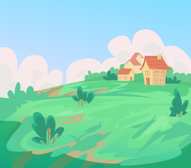 Casas rurais no campo, ilustração em estilo cartoon