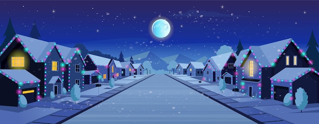 Casas suburbanas, rua com chalés com garagens à noite no inverno. uma rua de casas com verde