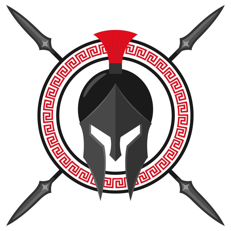 Vetor casco espartano preto com lanças e escudo com símbolo lambda grego vetor de ilustração
