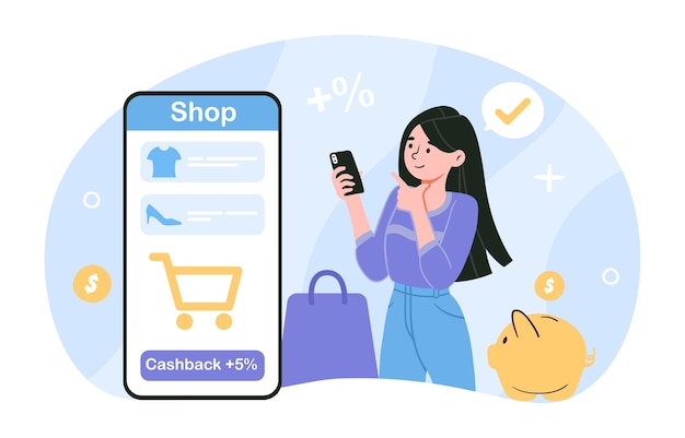 Cashback no conceito de loja online mulher com smartphone comprar mercadorias comércio eletrônico e casa