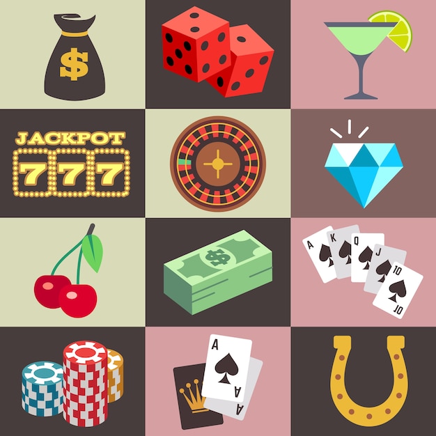 Casino de jogo, vetor do jackpot do dinheiro da vitória. conjunto de ícone para jogo de azar, ilustração de dados ec