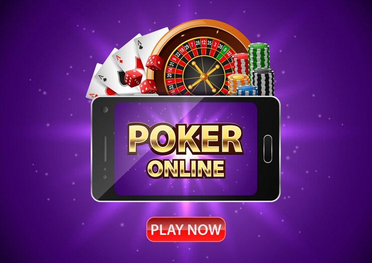 Vetor casino de poker online com um telefone móvel. banner de pôquer com fichas, roleta e jogo de cartas. .
