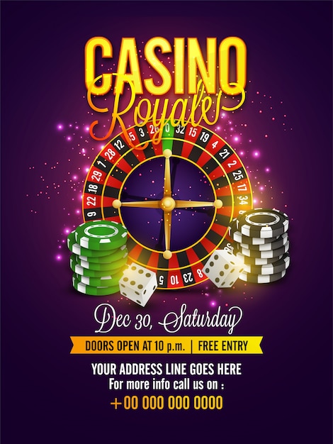 Casino flyer com roleta, fichas de poker e dados.