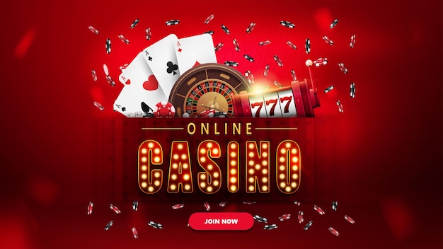 Casino online, banner com botão, caça-níqueis, roleta de cassino, fichas de pôquer caindo e cartas de baralho.