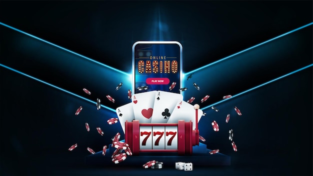 Casino online, banner com smartphone no pódio, máquina caça-níqueis vermelha, fichas de pôquer e cartas de baralho na sala vazia com grandes setas azuis neon na parede