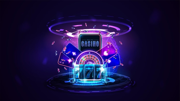 Vetor casino online, banner com smartphone, roda de roleta de cassino de néon brilhante, cartas de baralho, máquina caça-níqueis de néon azul e fichas de pôquer em cena escura com holograma de anéis digitais