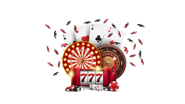 Casino wheel fortune, máquina caça-níqueis vermelha, roleta, fichas de pôquer e cartas de baralho isoladas em fundo branco