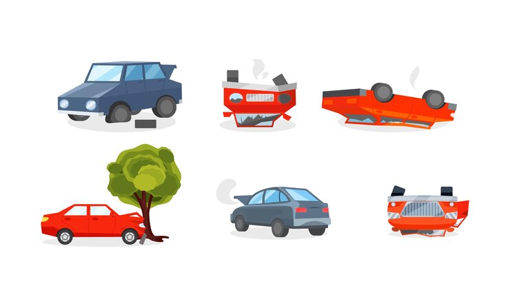 Vetor casos de seguros com veículos destruídos de diferentes maneiras uma roda quebrada um automóvel bateu numa árvore um carro virado para cima o motor fumava