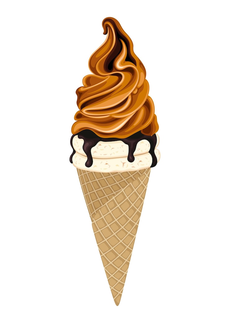 Vetor casquinha de sorvete caramelo chocolate comida doce bebida fria ilustração vetorial