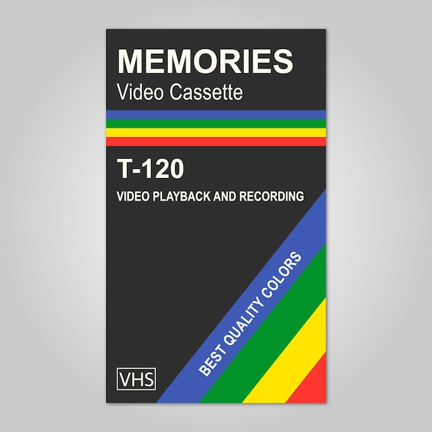 Cassete de vídeo retrô com capa preta de vhs com barras coloridas