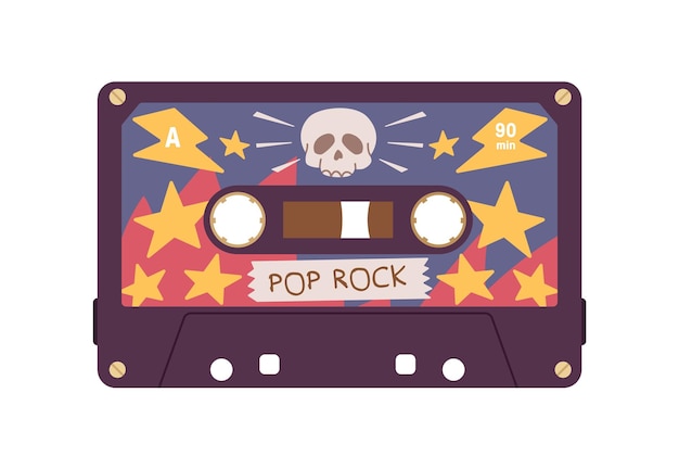 Vetor cassete estéreo com discos de música pop rock dos anos 80 e 90. fita magnética de mixagem de áudio. mixtape analógico retrô. cassete de som compacta. ilustração em vetor plana de fita de áudio isolada no fundo branco.