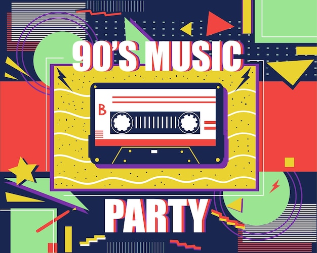 Retro Impressão De Música. Doodle Cassete Com Fita E Fones De Ouvido Estilo  Dos Anos 90. Jogador Musical E Registro Para Gramofone, Vintage Brilhante  Vector Pop Sem Costura Padrão Música Retro Doodle