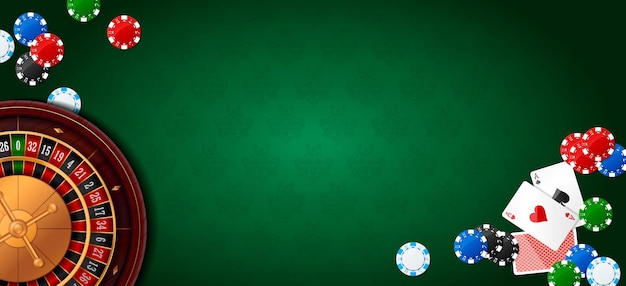 Cassino de vegas coloridas fichas de poker rodada de roleta e asso cartão de jogo vício em dinheiro arriscado enorme jackpot jogo de sorte conceito de jogar o jogo através de dinheiro real fundo verde ilustração vetorial