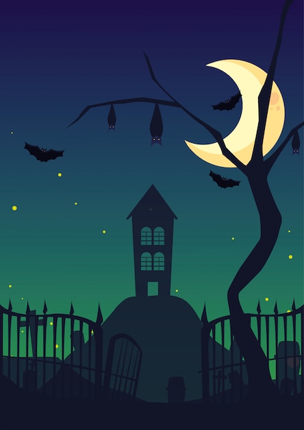 Vetor castelo assustador com lua em cena de halloween