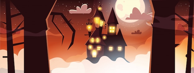 Castelo assustador com lua na cena do banner de halloween