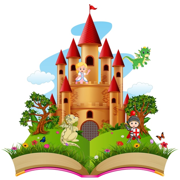 castelo com dragão e um cavaleiro no livro de histórias